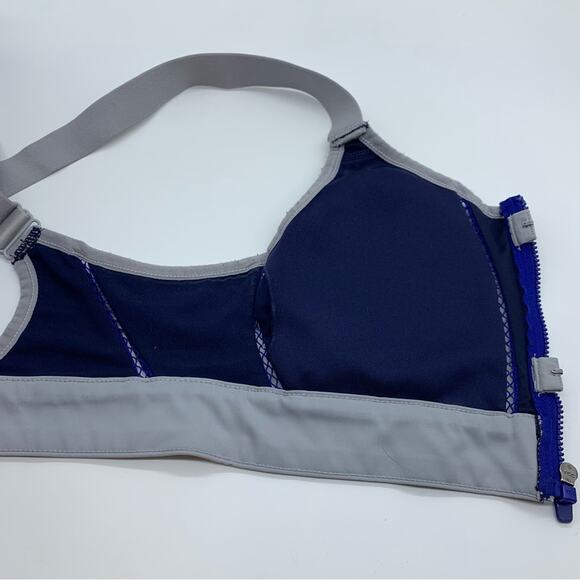 Fabletics Zoe High Impact Zip Front Cross Back Strap Sports Bra Blue/Grey - Picture 12 of 12